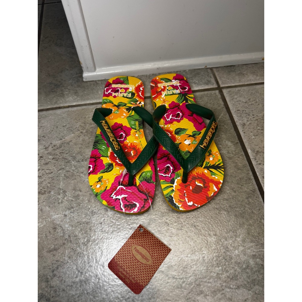 Havaianas FARM Rio Collection Flip Flops Women Floral Print Green Straps Size 6